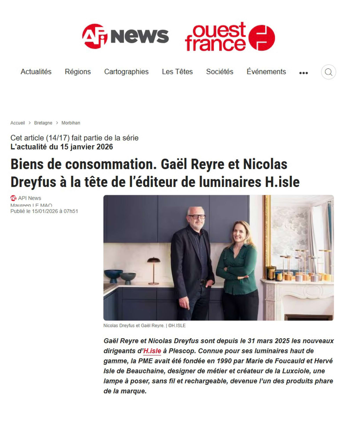 Presse Hisle API Ouest France janvier 2026